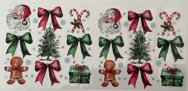 Santa, gingerbread, bows, trees, candy canes