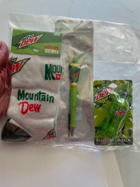 Gift Pack - Mountain Dew Socks, beaded pen, and lip balm