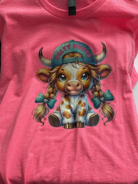 Gildan - XL Adult Short Sleeve T-Shirt - Salty Heifer cow on Safety Pink