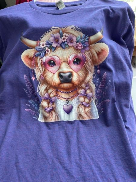 Gildan - XL Adult Short Sleeve T-Shirt - Hippie Cow on Purple