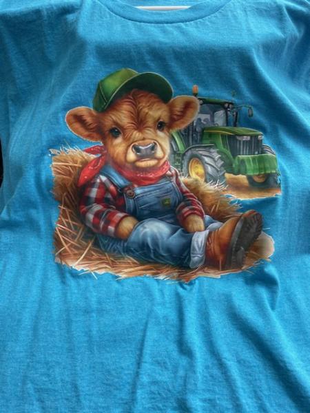 Gildan - XL Adult Short Sleeve T-Shirt - Country Boy cow on sapphire
