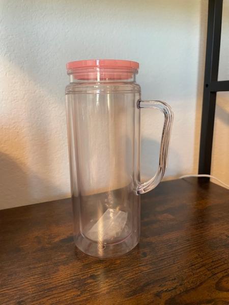 20 oz PLASTIC Snowglobe Tumbler with HANDLE - LIGHT PINK LID